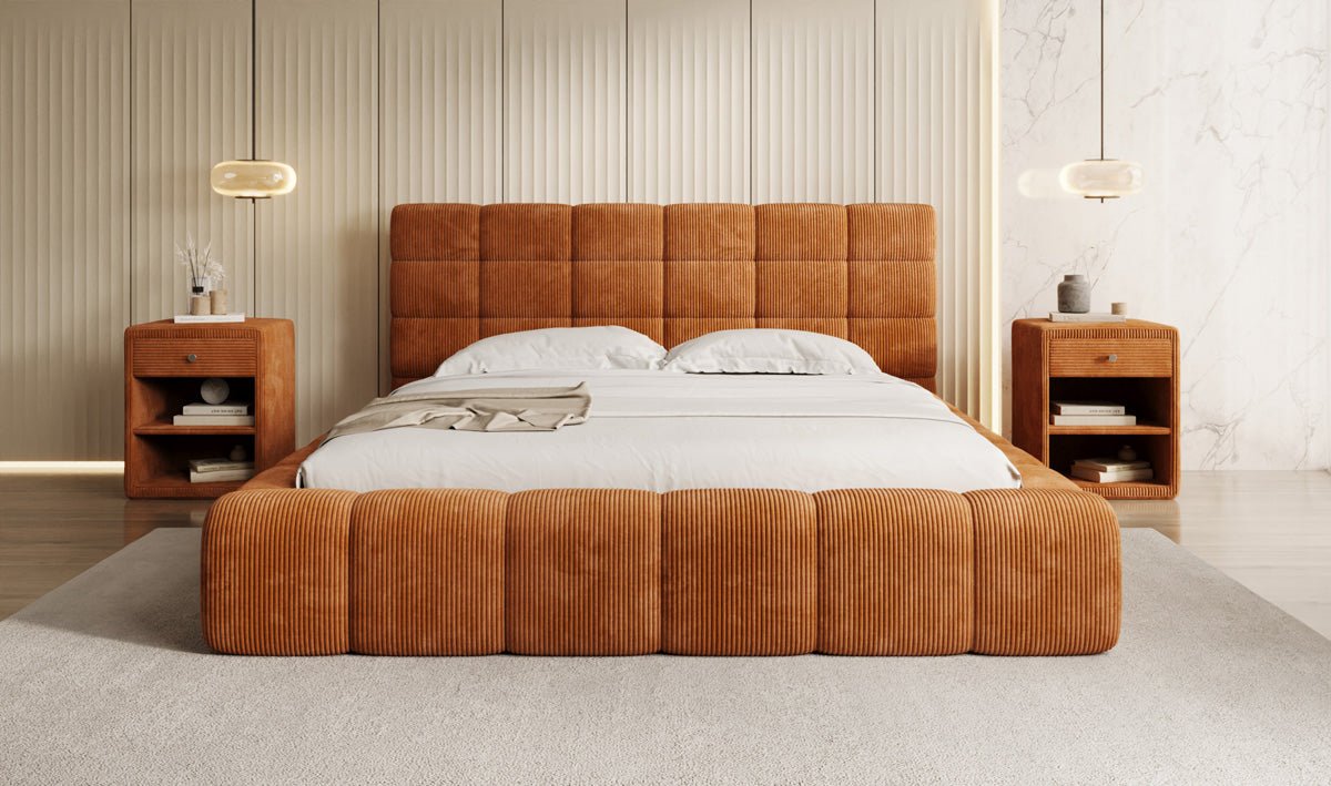 Designer Polsterbett Marshmallow aus Cord mit praktischem Stauraum