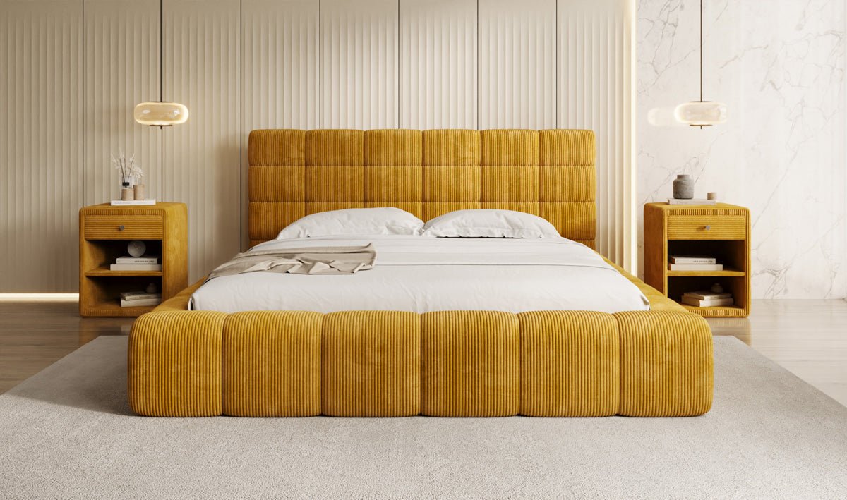 Designer Polsterbett Marshmallow aus Cord mit praktischem Stauraum