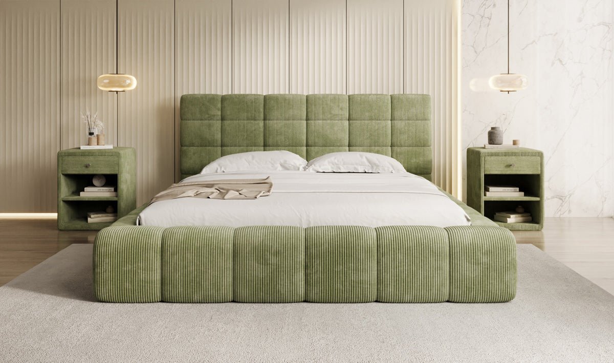 Designer Polsterbett Marshmallow aus Cord mit praktischem Stauraum