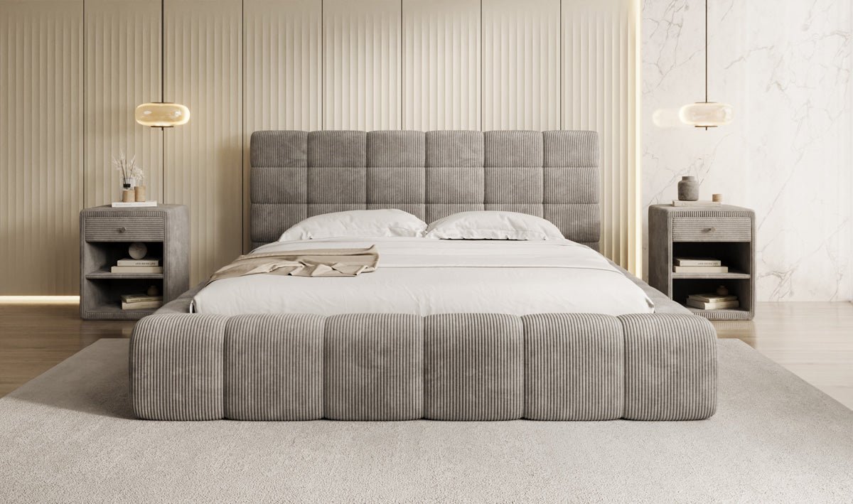 Designer Polsterbett Marshmallow aus Cord mit praktischem Stauraum