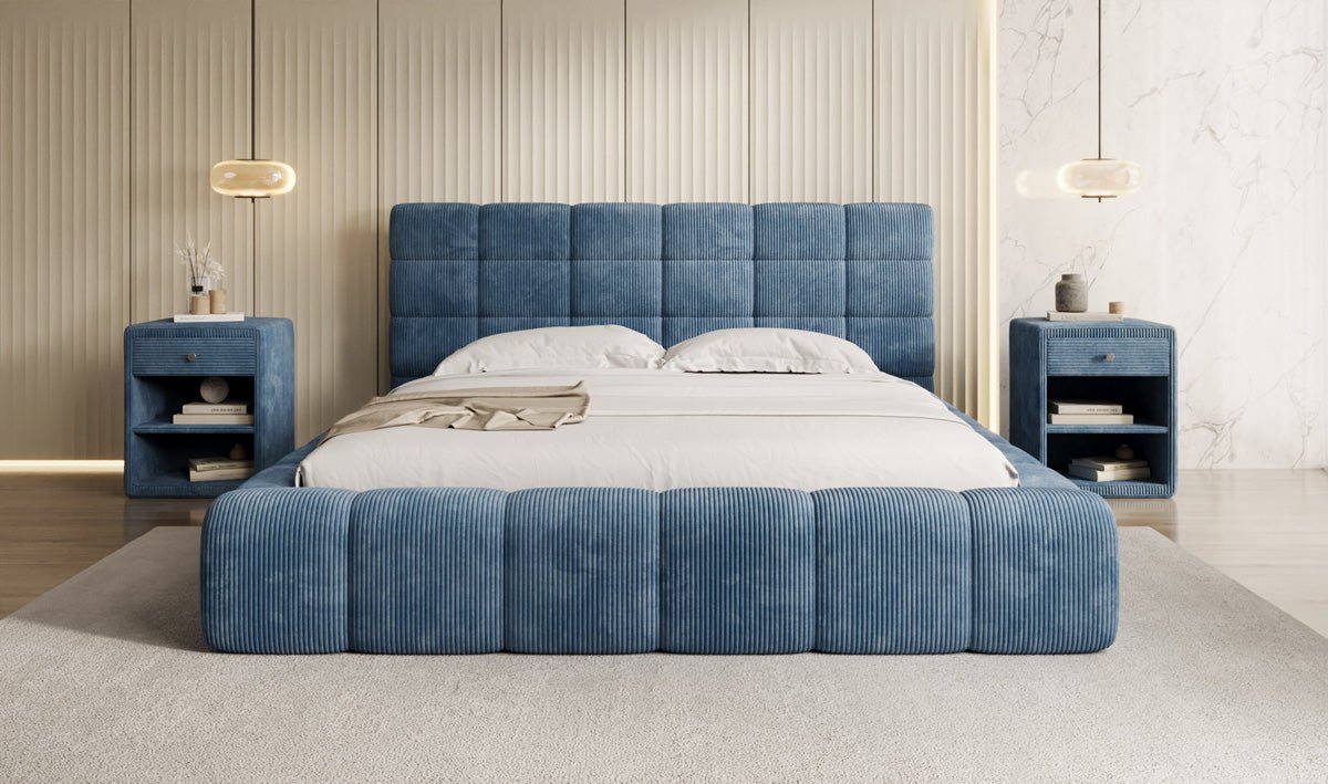 Designer Polsterbett Marshmallow aus Cord mit praktischem Stauraum