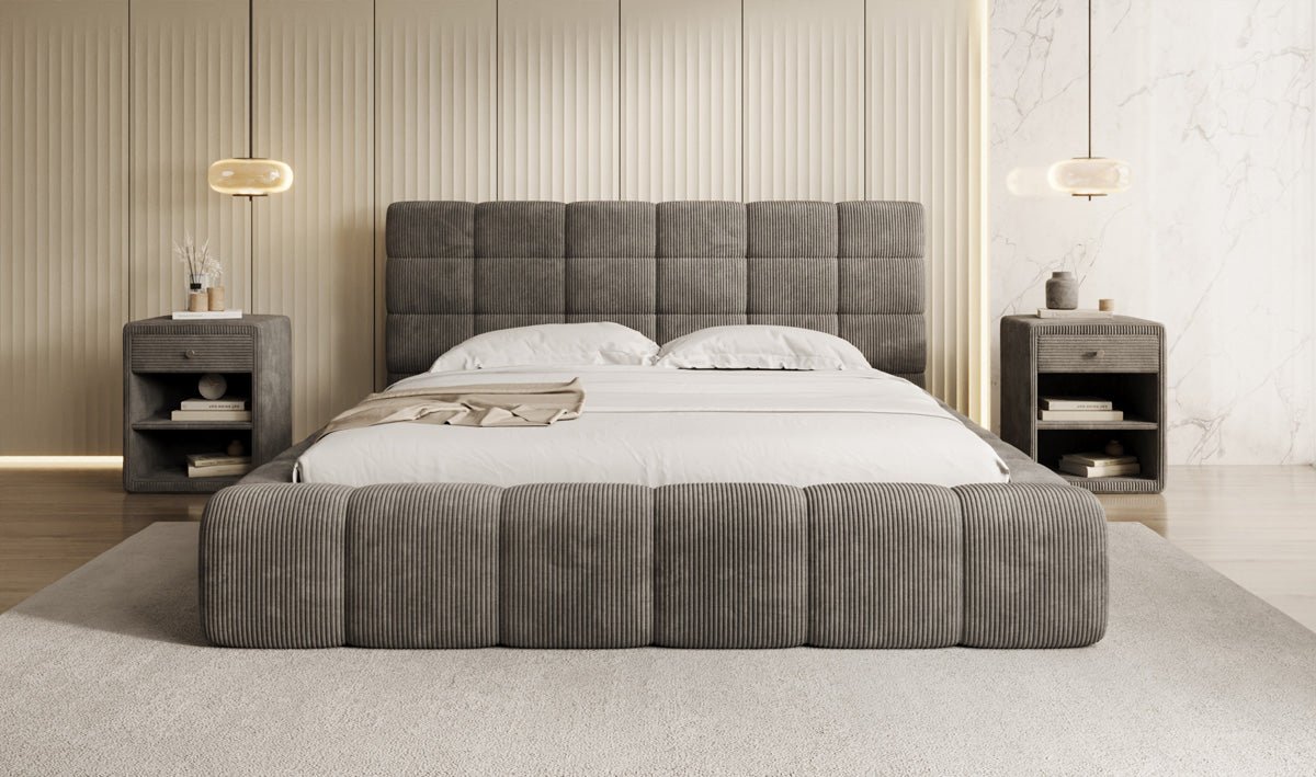 Designer Polsterbett Marshmallow aus Cord mit praktischem Stauraum