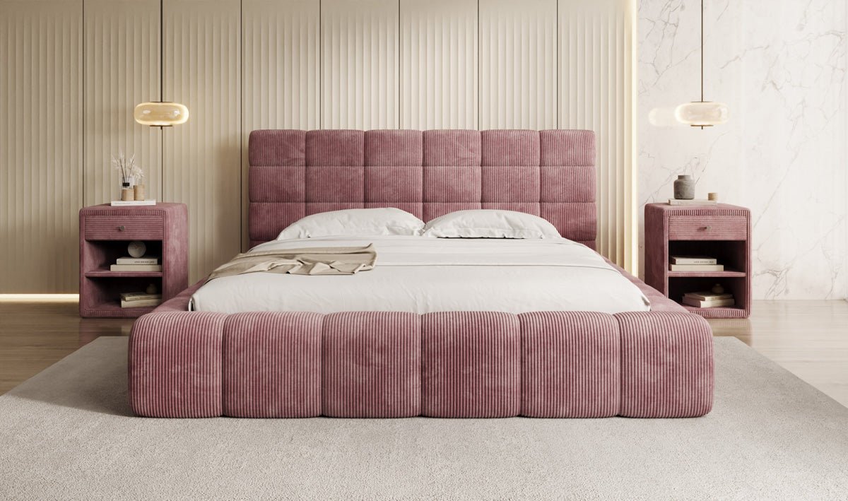 Designer Polsterbett Marshmallow aus Cord mit praktischem Stauraum