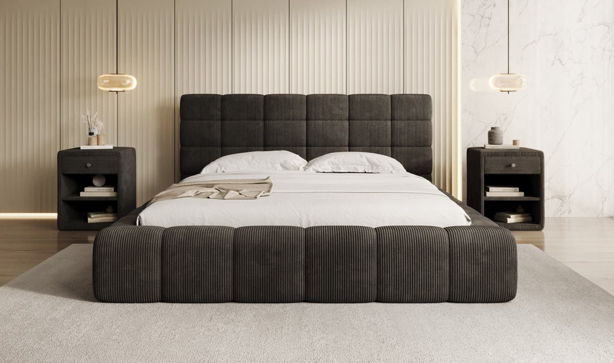 Designer Polsterbett Marshmallow aus Cord mit praktischem Stauraum