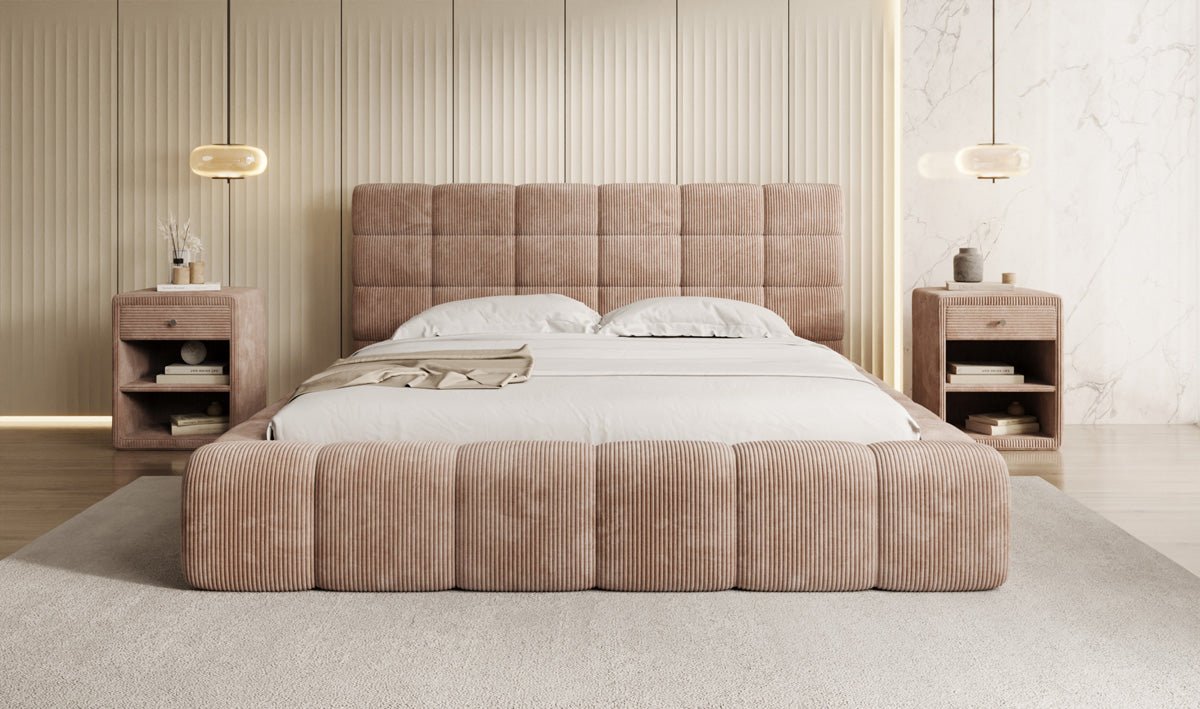 Designer Polsterbett Marshmallow aus Cord mit praktischem Stauraum