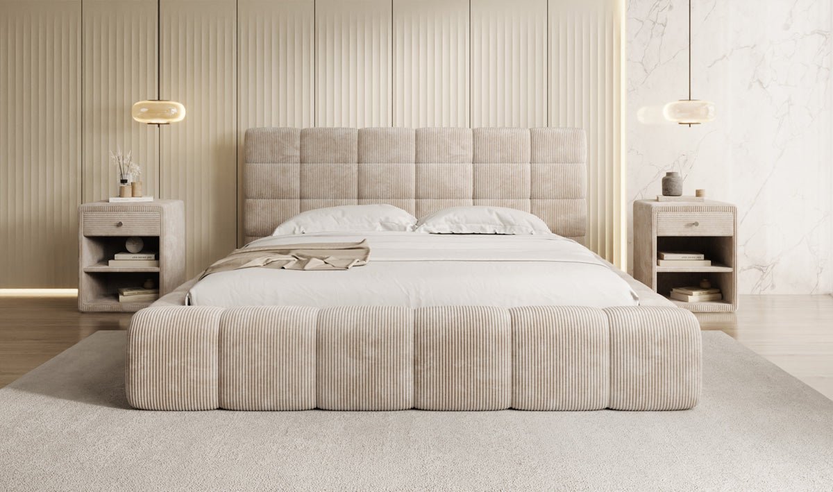 Designer Polsterbett Marshmallow aus Cord mit praktischem Stauraum
