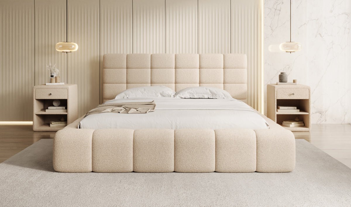 Luxusbetten24 Designer Marshmallow Polsterbett mit Stauraum, Teddy Bouclé