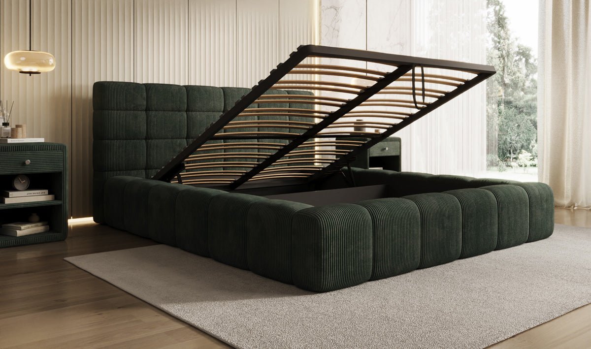 Designer Polsterbett Marshmallow aus Cord mit praktischem Stauraum