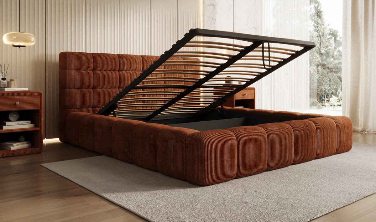 Designer Polsterbett Marshmallow aus Cord mit praktischem Stauraum