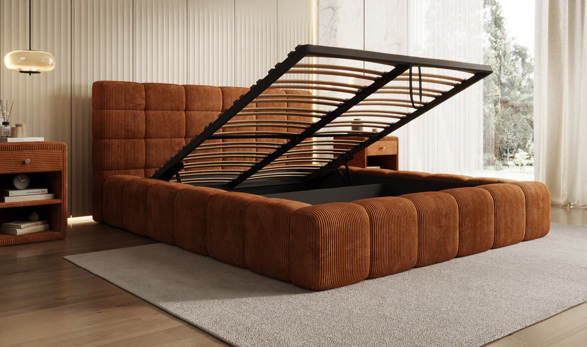 Designer Polsterbett Marshmallow aus Cord mit praktischem Stauraum