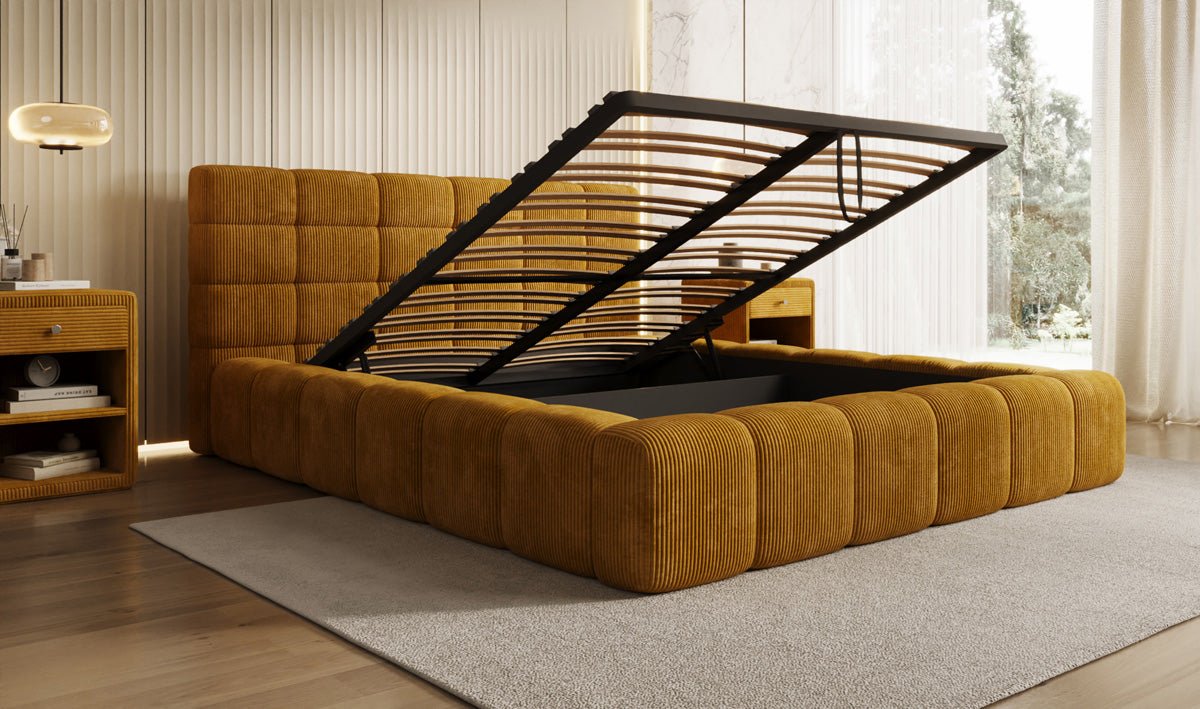 Designer Polsterbett Marshmallow aus Cord mit praktischem Stauraum
