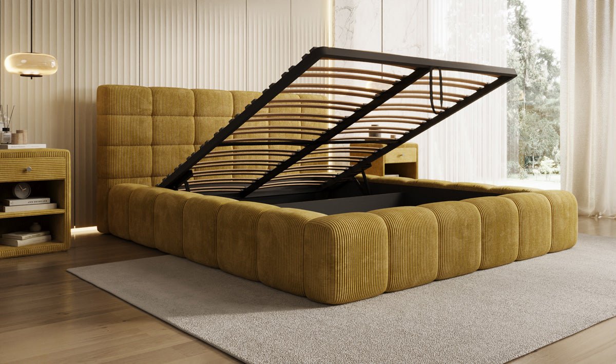Designer Polsterbett Marshmallow aus Cord mit praktischem Stauraum