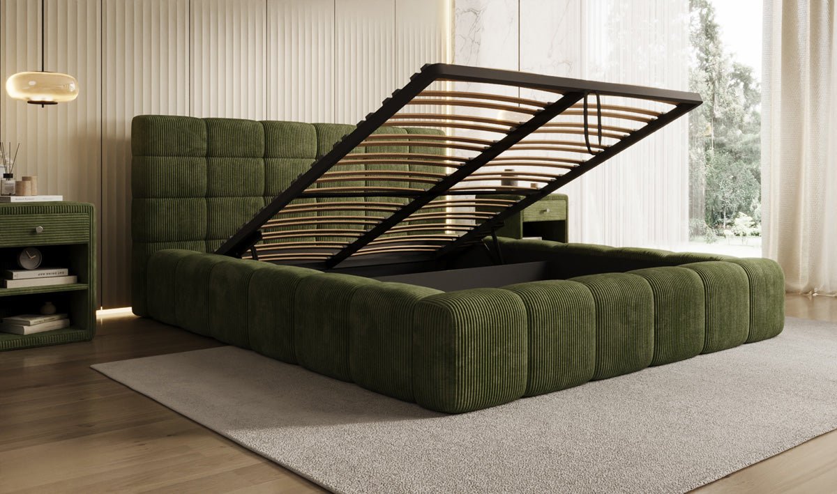 Designer Polsterbett Marshmallow aus Cord mit praktischem Stauraum