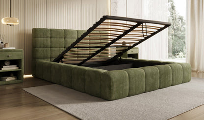 Designer Polsterbett Marshmallow aus Cord mit praktischem Stauraum