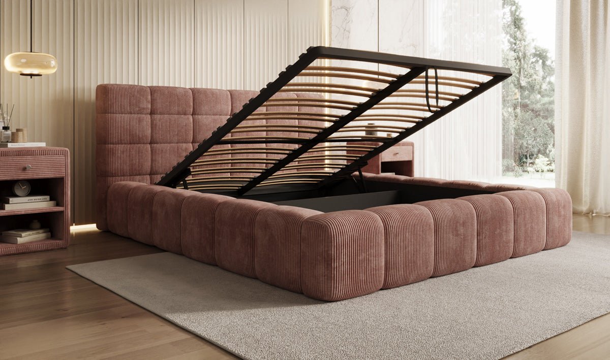 Designer Polsterbett Marshmallow aus Cord mit praktischem Stauraum
