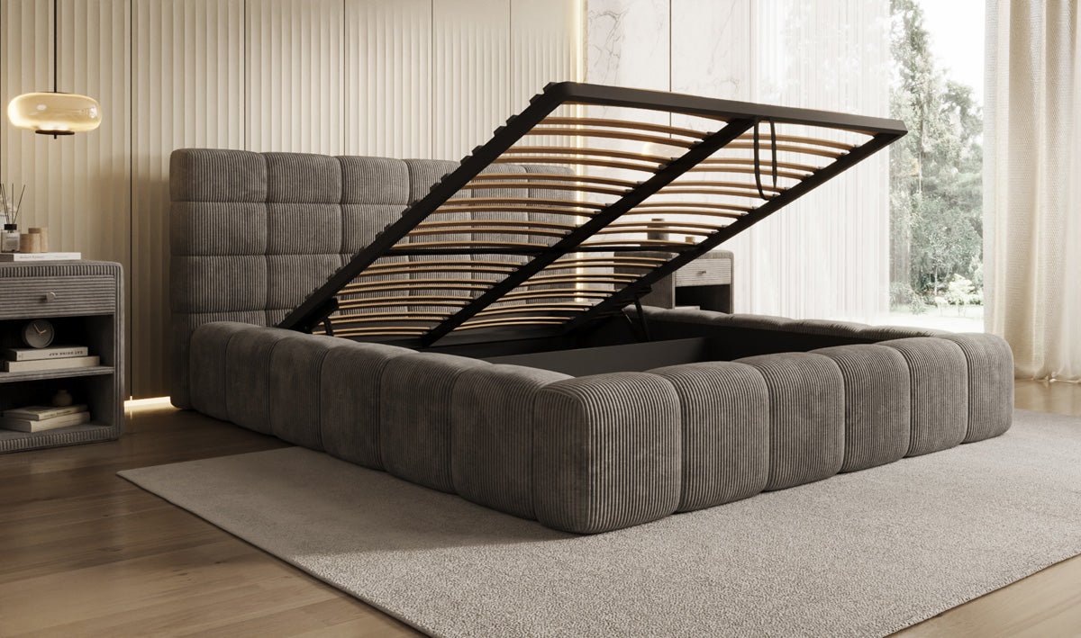 Designer Polsterbett Marshmallow aus Cord mit praktischem Stauraum