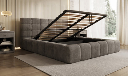 Designer Polsterbett Marshmallow aus Cord mit praktischem Stauraum