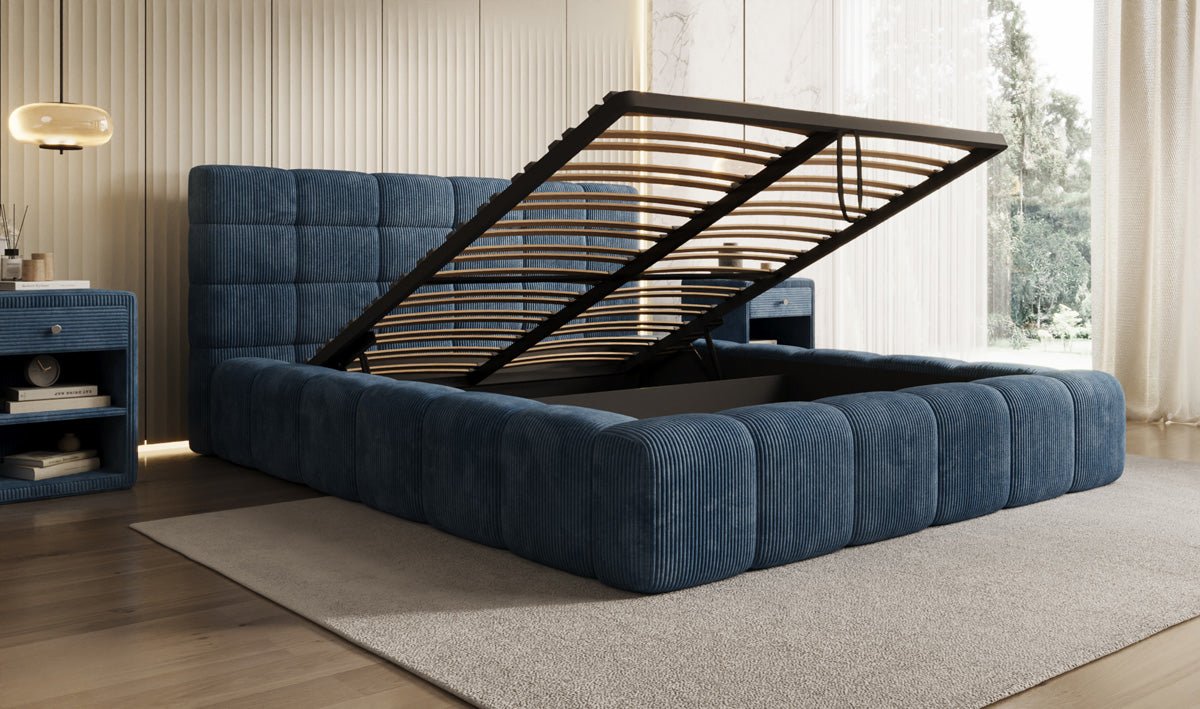 Designer Polsterbett Marshmallow aus Cord mit praktischem Stauraum