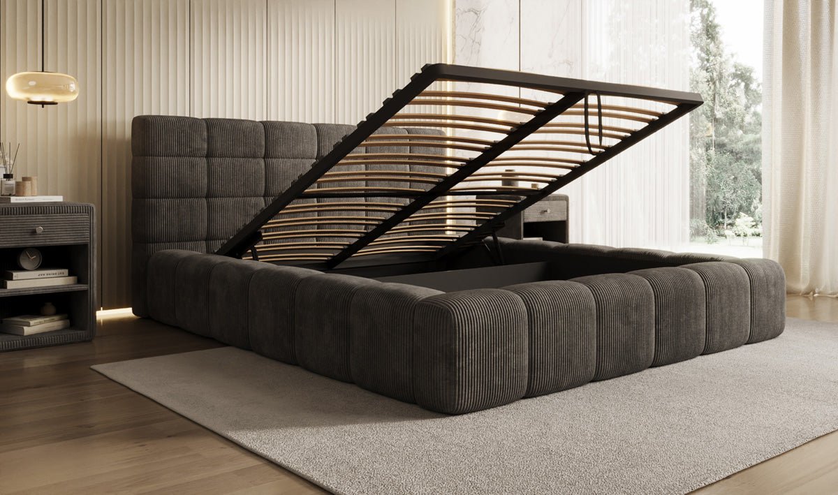 Designer Polsterbett Marshmallow aus Cord mit praktischem Stauraum