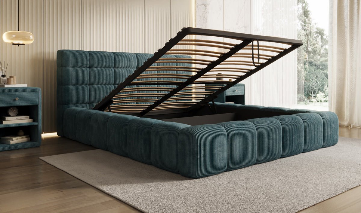 Designer Polsterbett Marshmallow aus Cord mit praktischem Stauraum