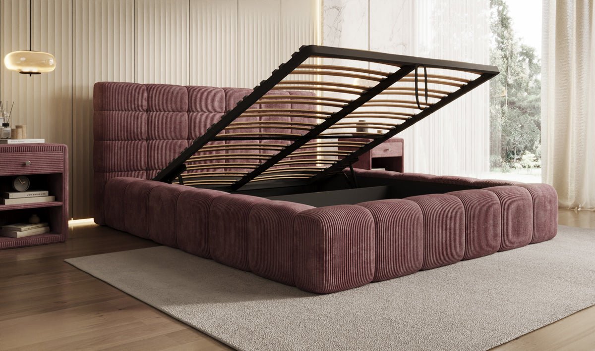 Designer Polsterbett Marshmallow aus Cord mit praktischem Stauraum