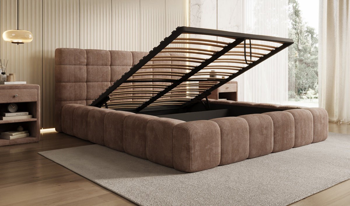 Designer Polsterbett Marshmallow aus Cord mit praktischem Stauraum