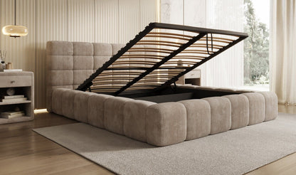 Designer Polsterbett Marshmallow aus Cord mit praktischem Stauraum