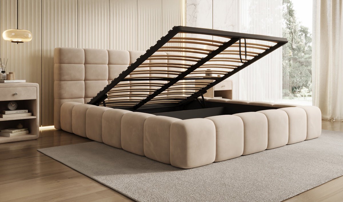 Luxusbetten24 Marshmallow Polsterbett Samt mit Stauraum 140x200 Beige
