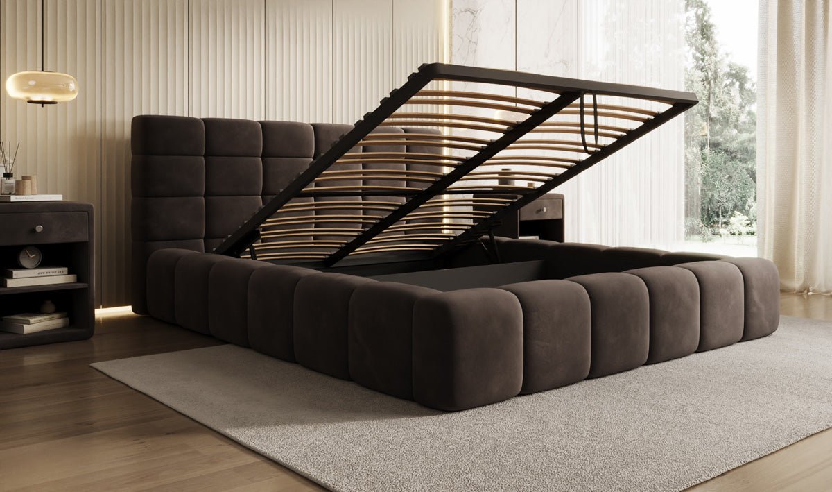 Luxusbetten24 Marshmallow Polsterbett Samt mit Stauraum 140x200 Beige