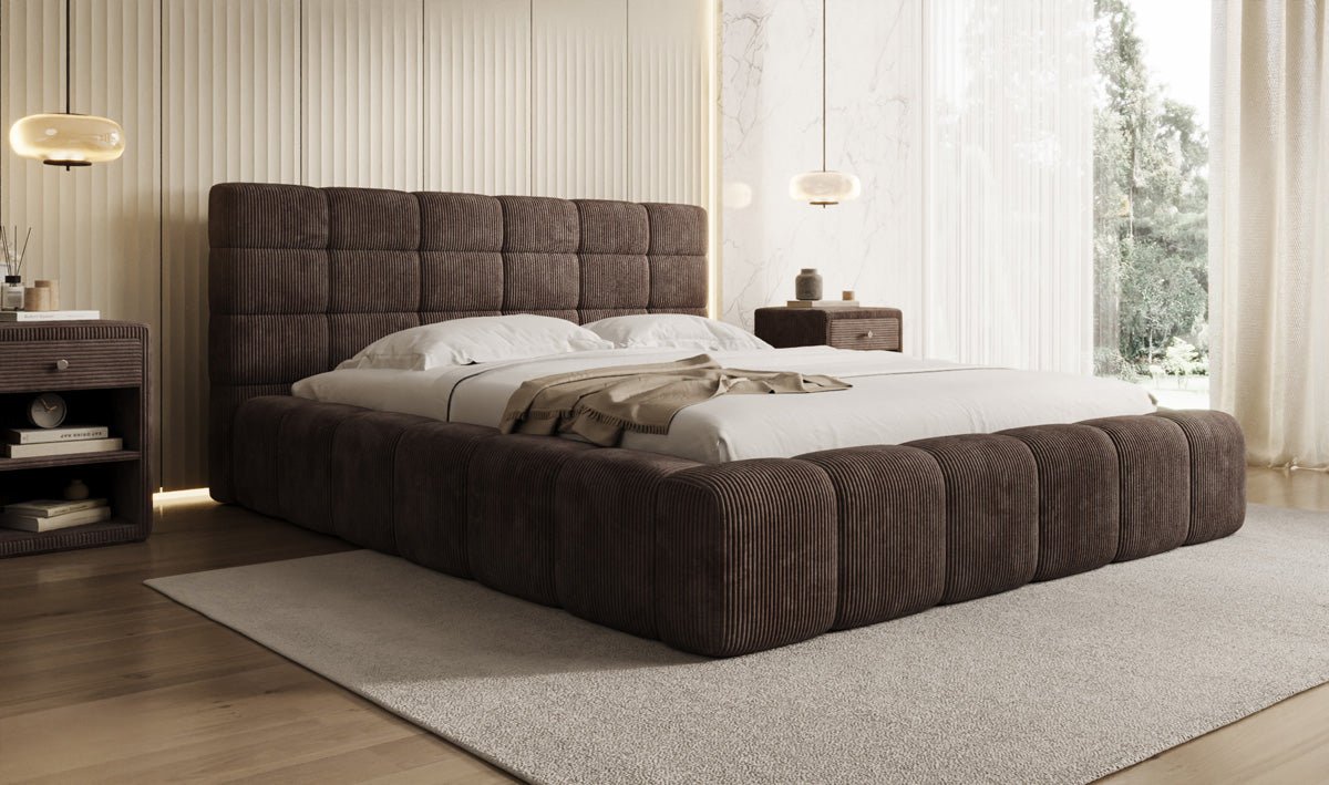 Designer Polsterbett Marshmallow aus Cord mit praktischem Stauraum