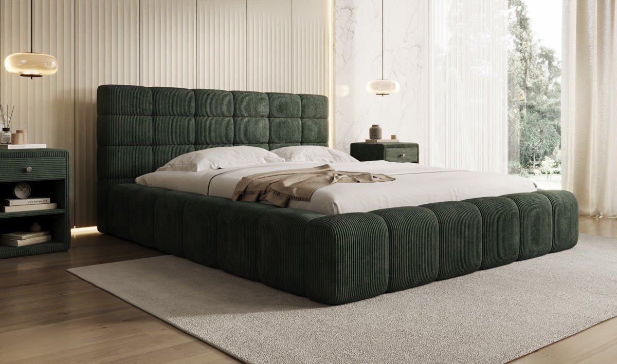 Designer Polsterbett Marshmallow aus Cord mit praktischem Stauraum