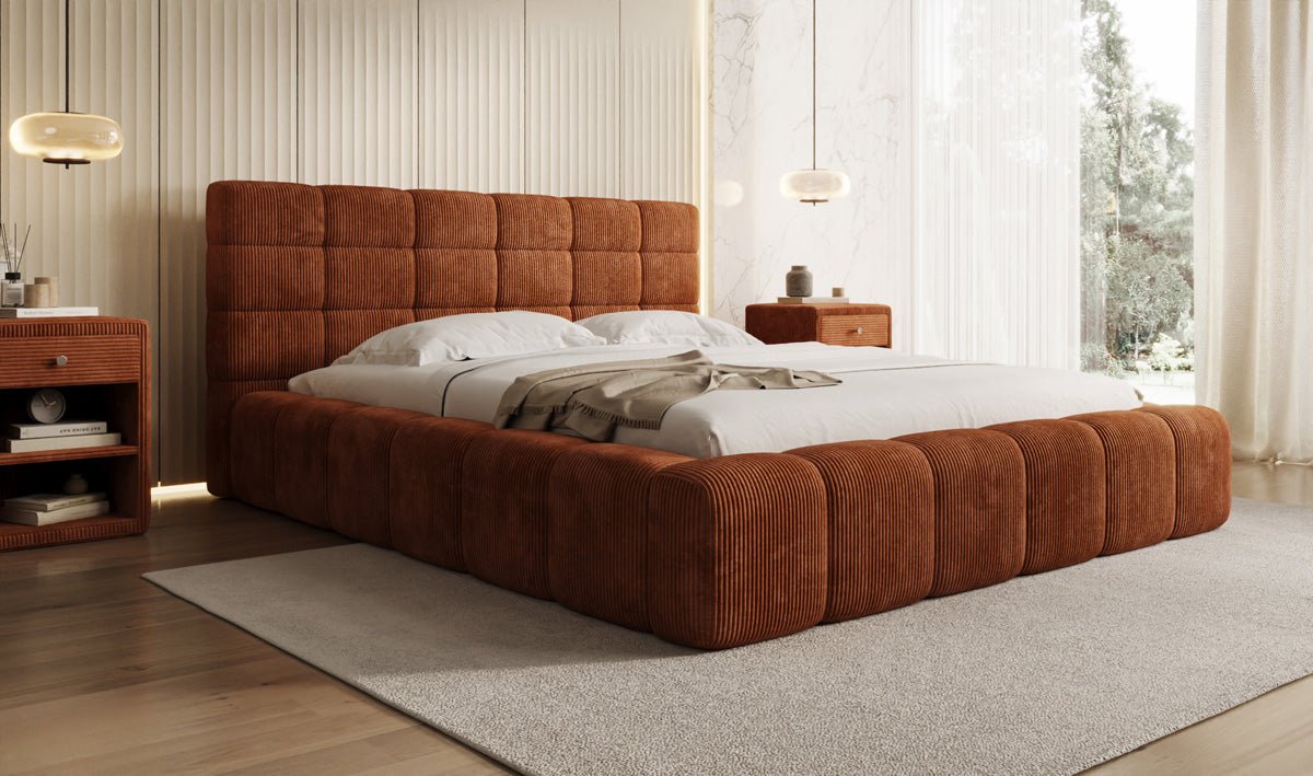 Designer Polsterbett Marshmallow aus Cord mit praktischem Stauraum