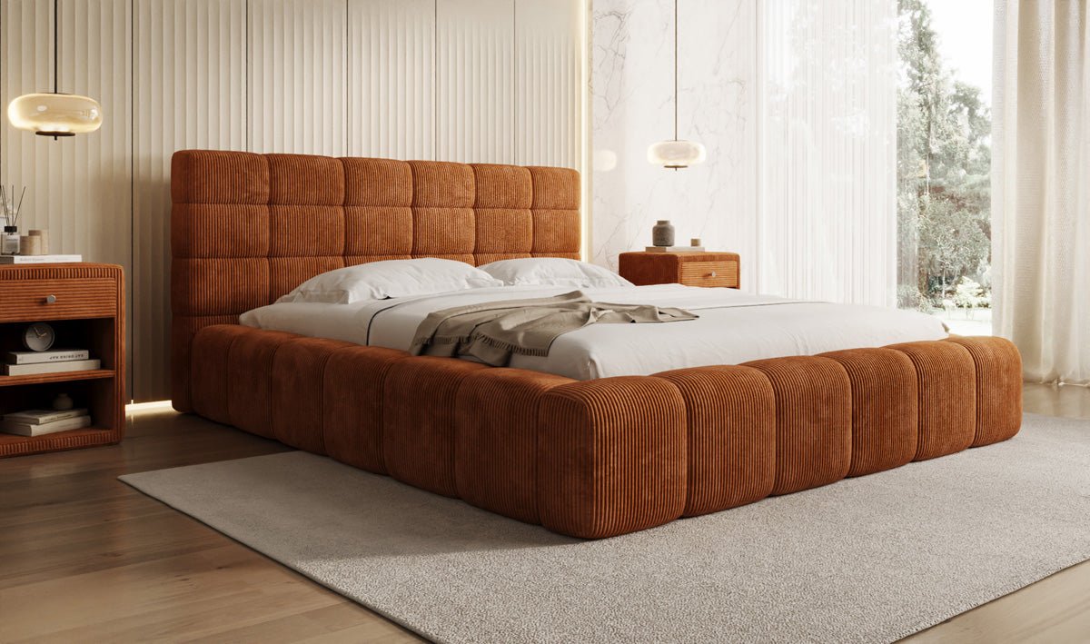 Designer Polsterbett Marshmallow aus Cord mit praktischem Stauraum