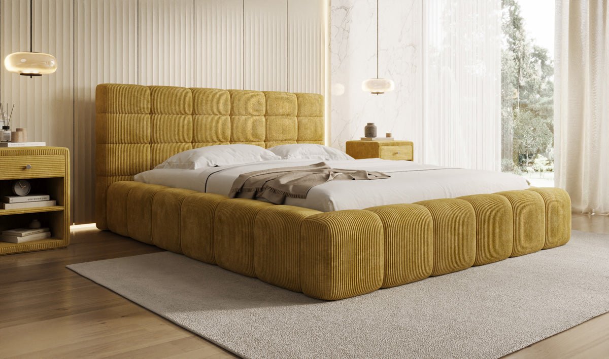 Designer Polsterbett Marshmallow aus Cord mit praktischem Stauraum
