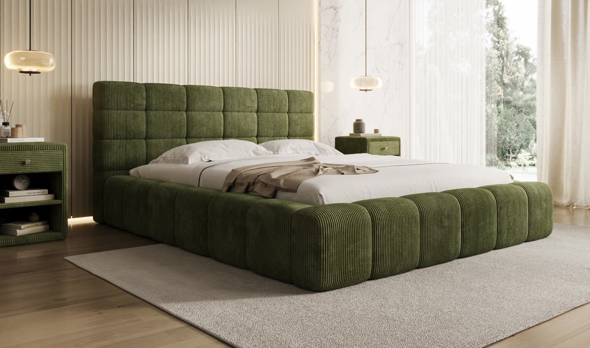 Designer Polsterbett Marshmallow aus Cord mit praktischem Stauraum
