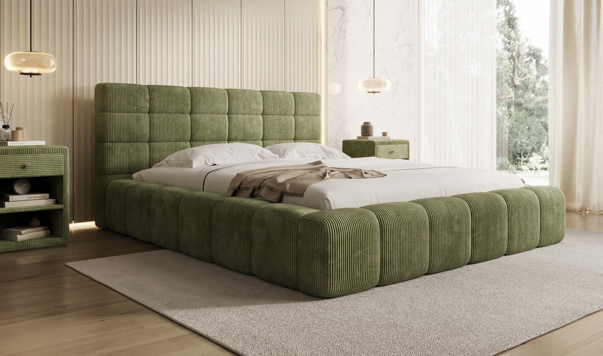 Designer Polsterbett Marshmallow aus Cord mit praktischem Stauraum