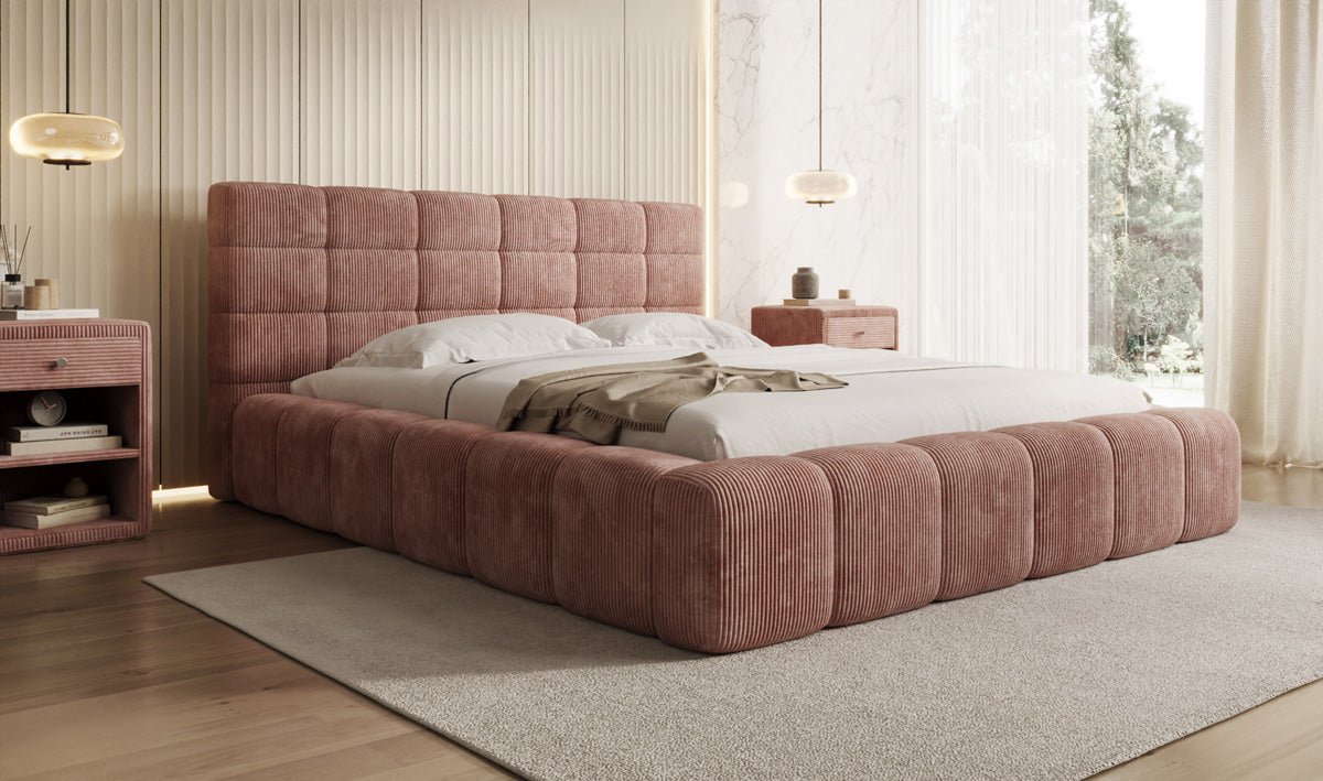 Designer Polsterbett Marshmallow aus Cord mit praktischem Stauraum