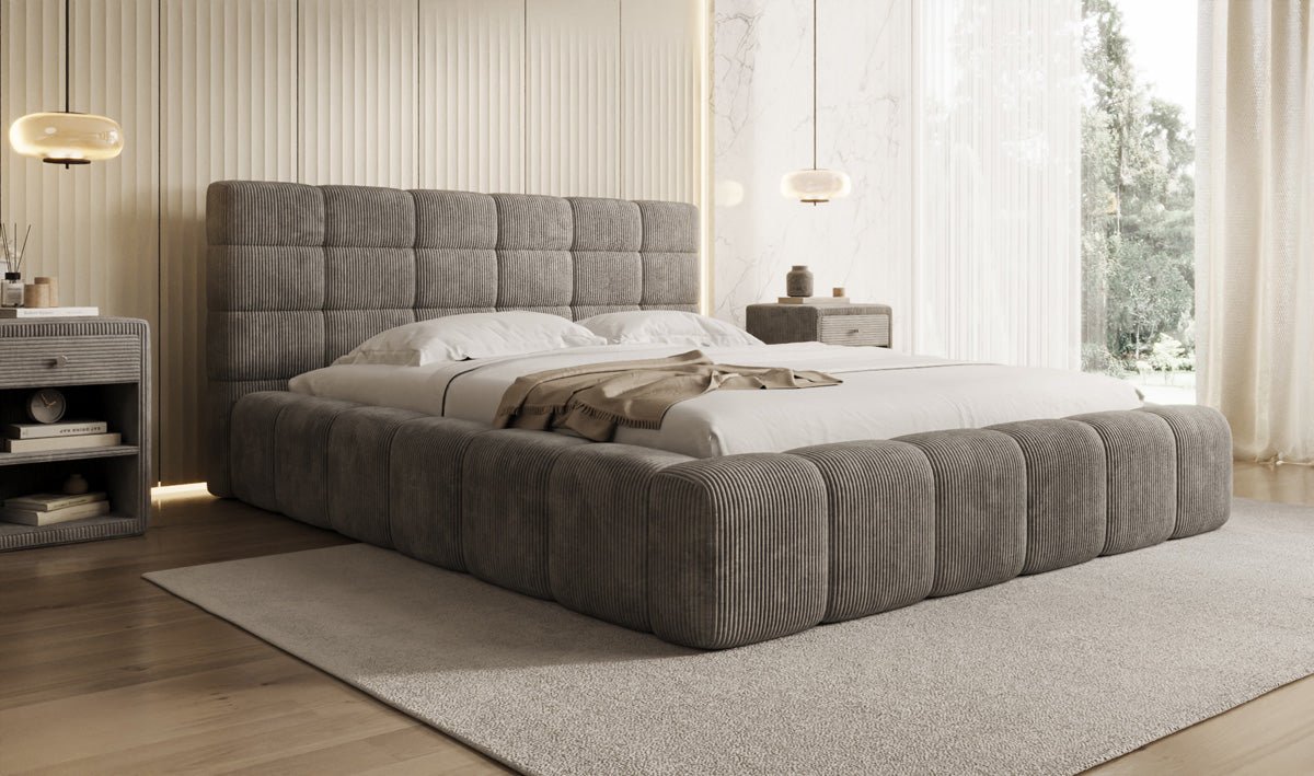 Designer Polsterbett Marshmallow aus Cord mit praktischem Stauraum