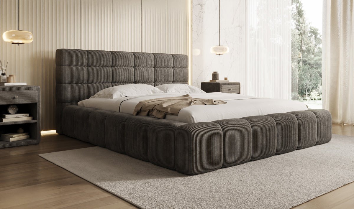 Designer Polsterbett Marshmallow aus Cord mit praktischem Stauraum