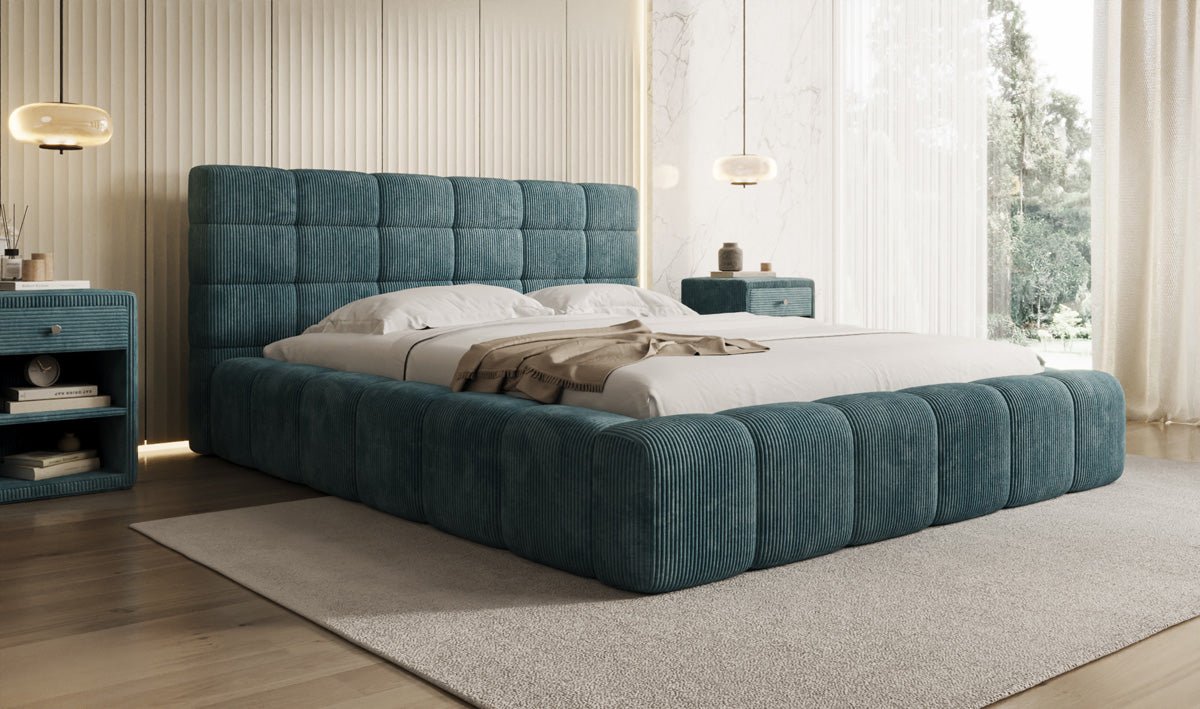 Designer Polsterbett Marshmallow aus Cord mit praktischem Stauraum