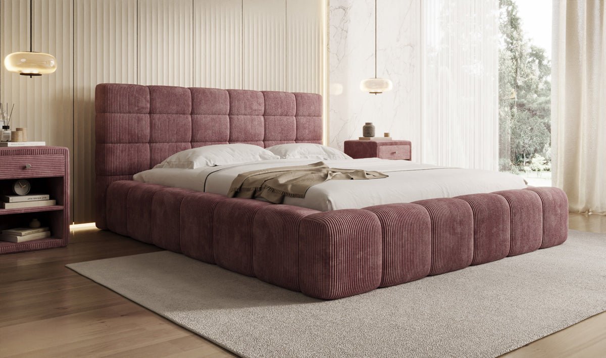 Designer Polsterbett Marshmallow aus Cord mit praktischem Stauraum