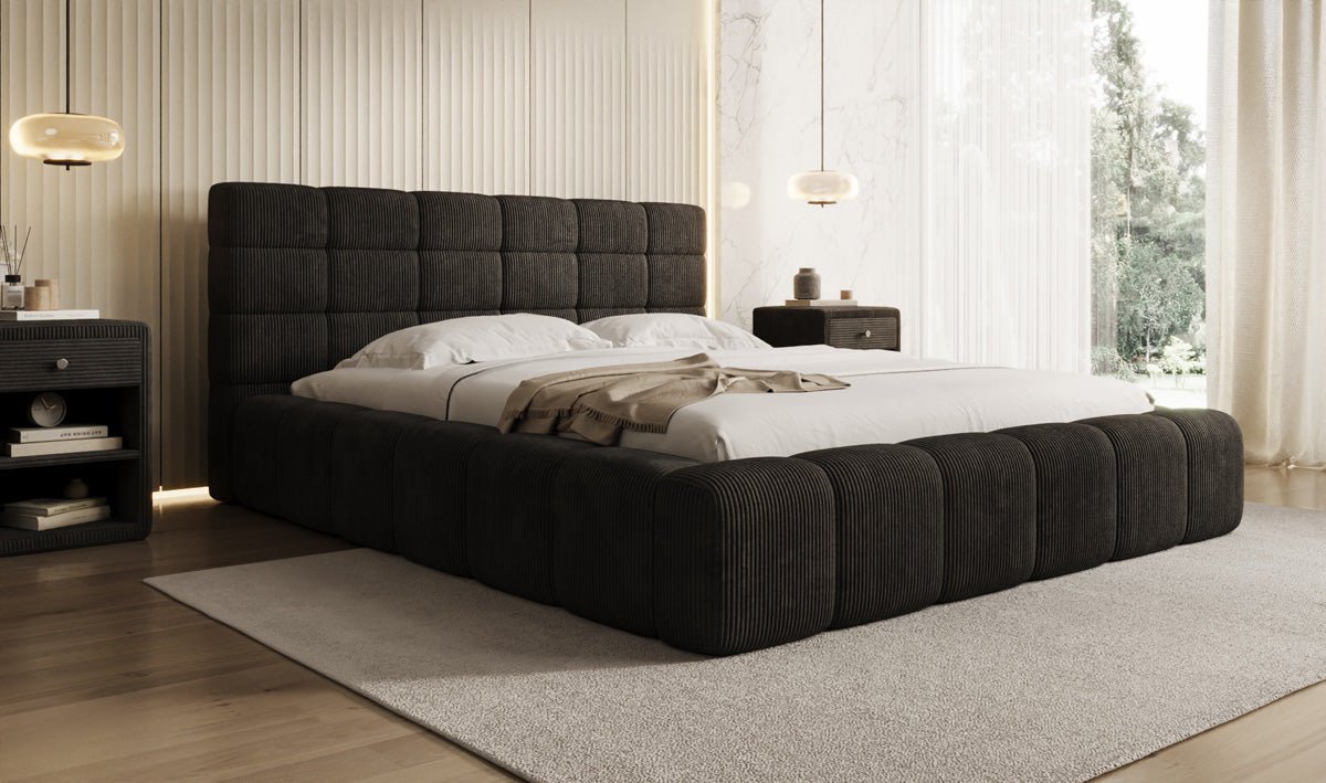 Designer Polsterbett Marshmallow aus Cord mit praktischem Stauraum
