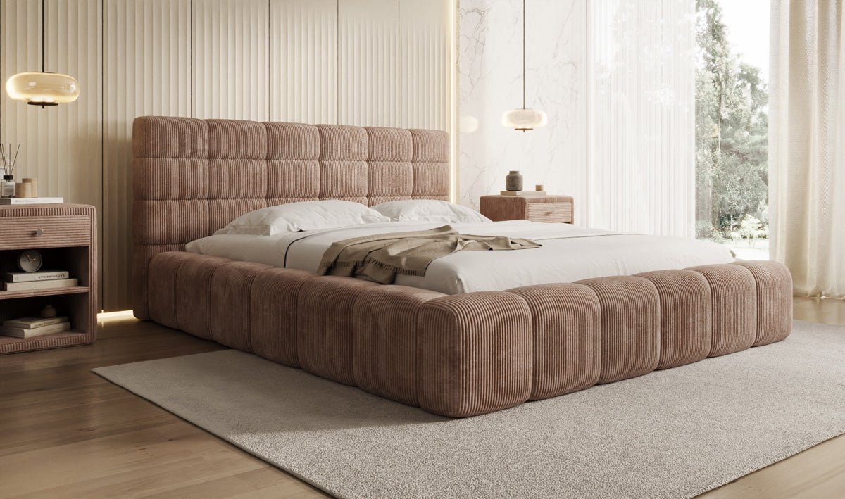 Designer Polsterbett Marshmallow aus Cord mit praktischem Stauraum