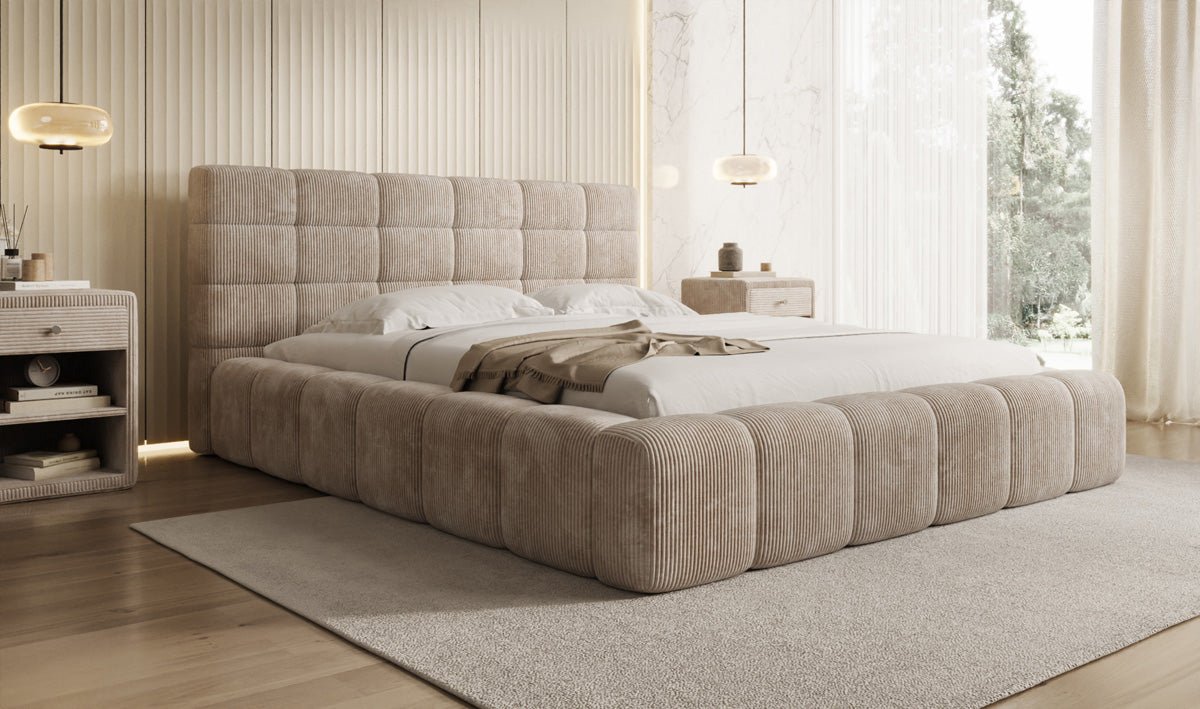 Designer Polsterbett Marshmallow aus Cord mit praktischem Stauraum