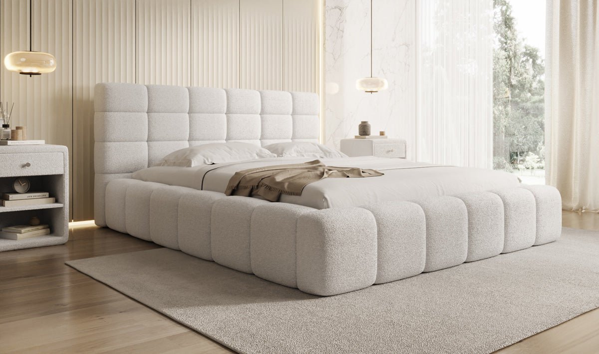 Luxusbetten24 Designer Marshmallow Polsterbett mit Stauraum, Teddy Bouclé