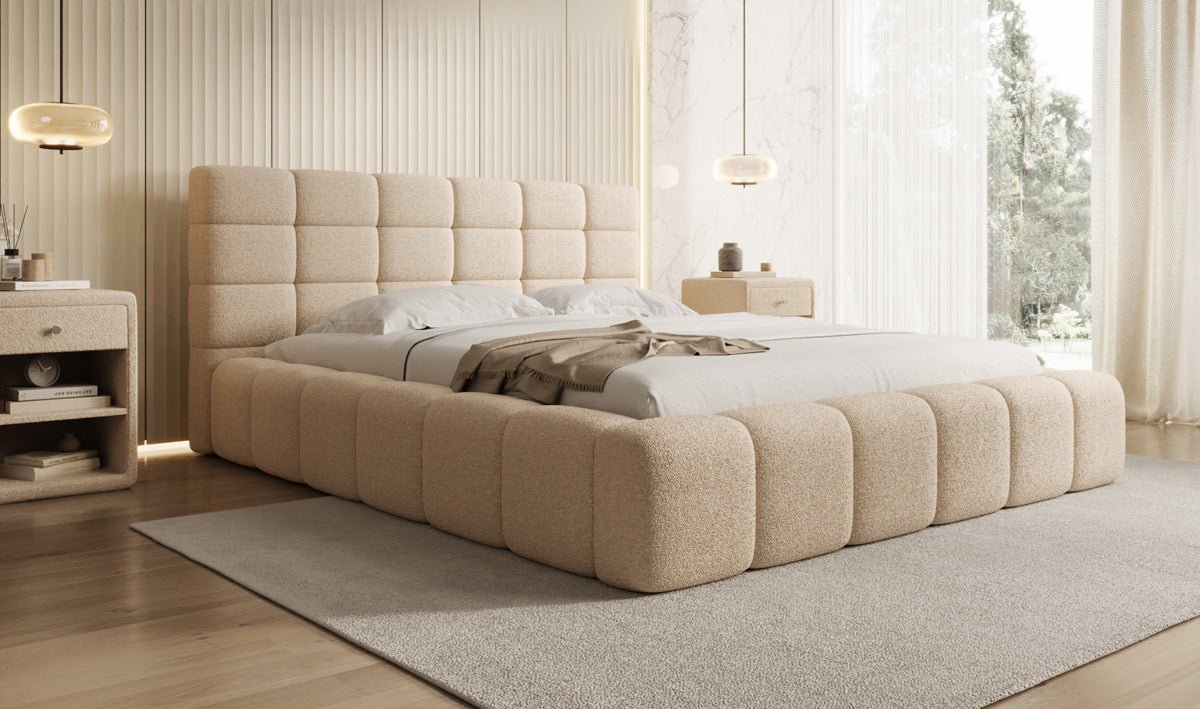 Luxusbetten24 Designer Marshmallow Polsterbett mit Stauraum, Teddy Bouclé