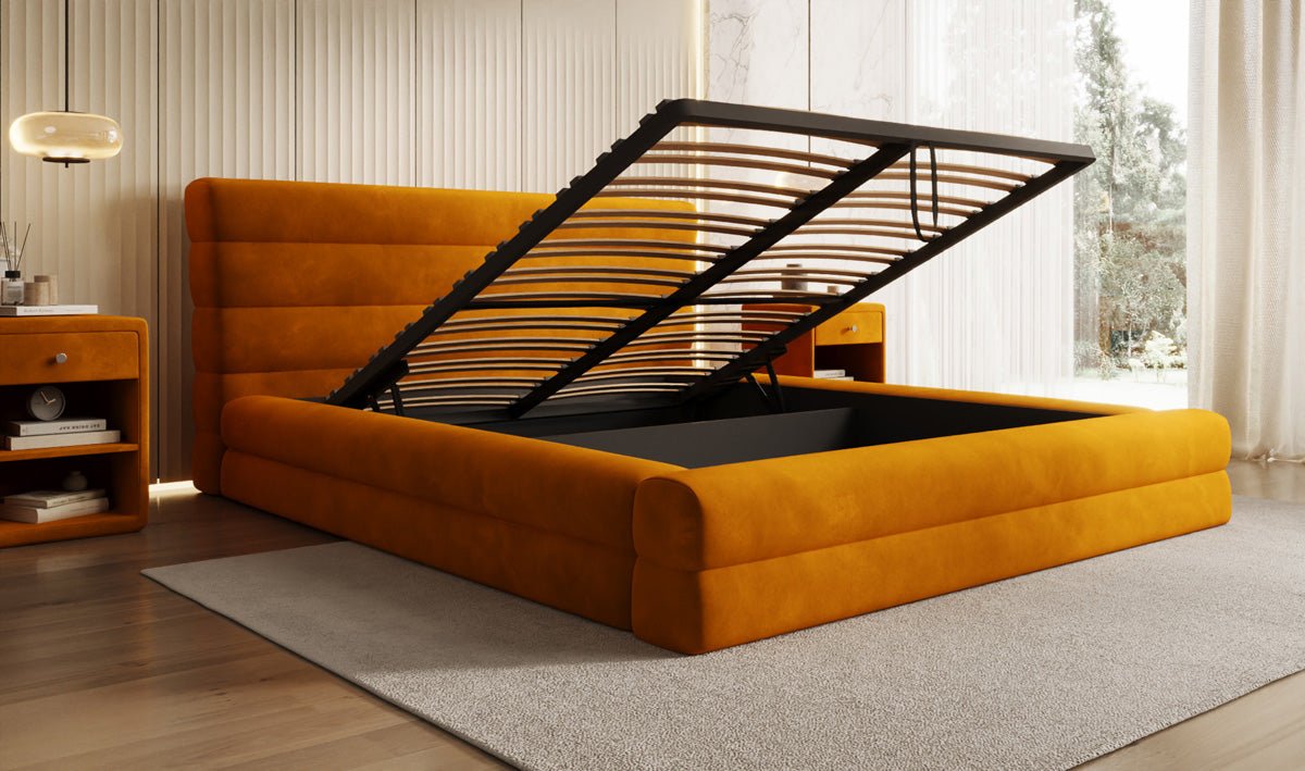 Luxusbetten24 Maren Designer Polsterbett Samt mit Stauraum für Schlafzimmer