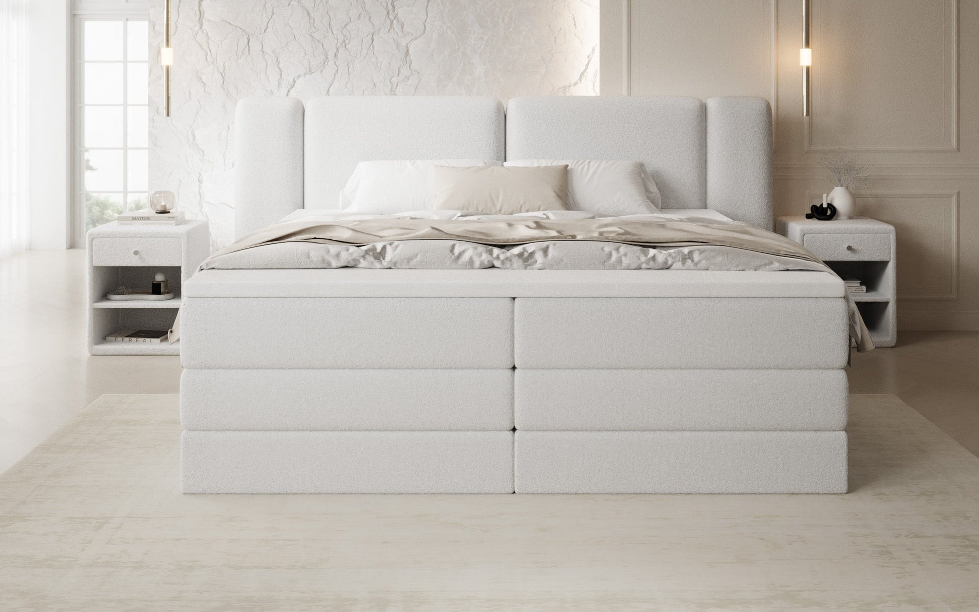 Luxusbetten24 Leni Boxspringbett mit hochklappbarem Stauraum in Teddy Bouclé