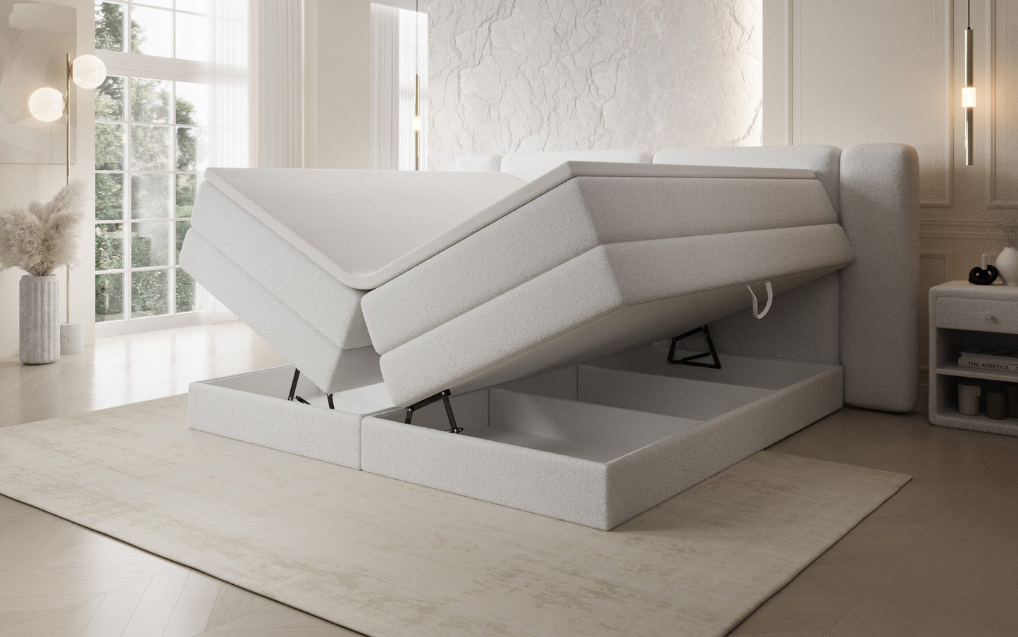Luxusbetten24 Leni Boxspringbett mit hochklappbarem Stauraum in Teddy Bouclé