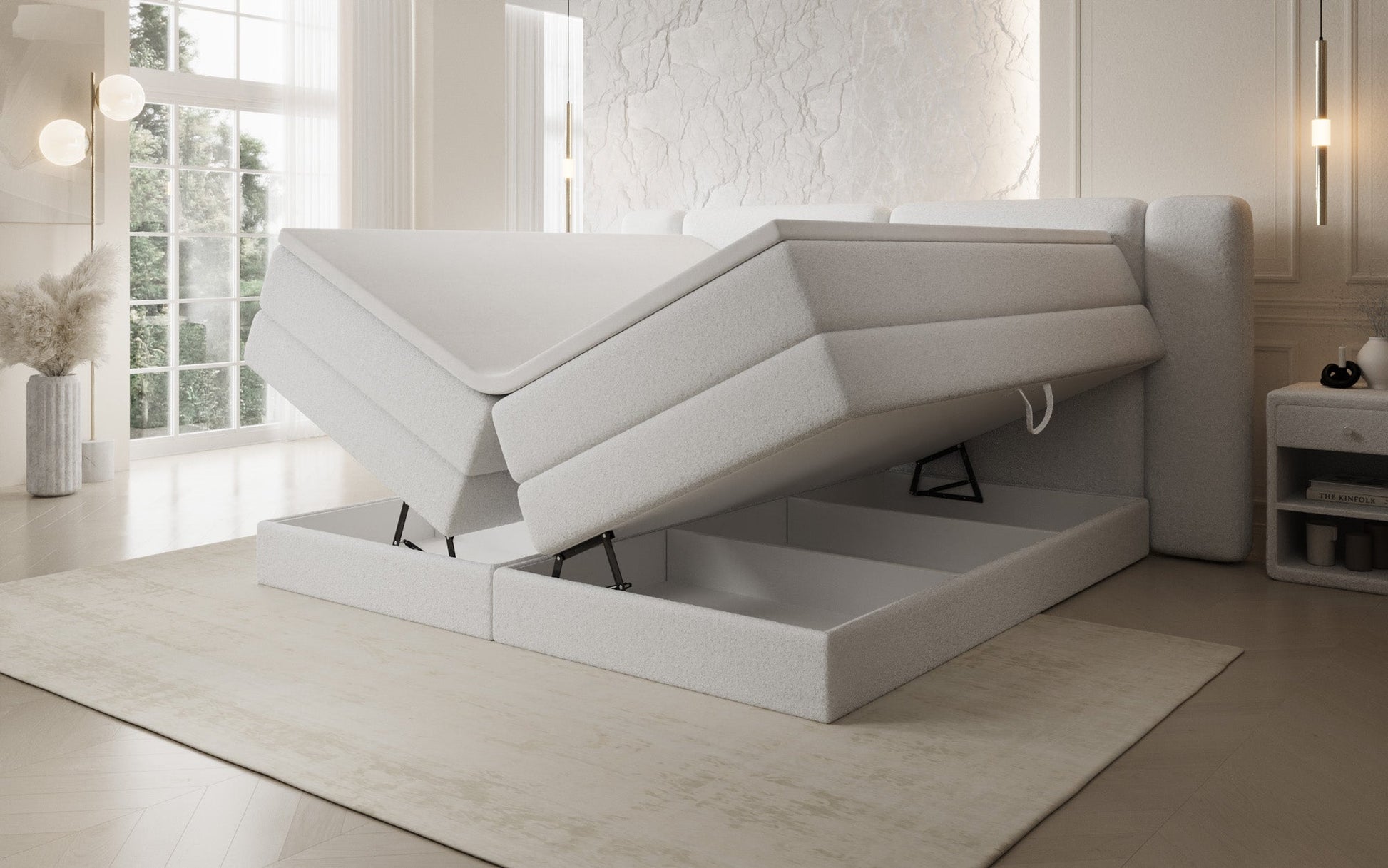 Luxusbetten24 Leni Boxspringbett mit hochklappbarem Stauraum in Teddy Bouclé